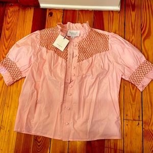 Women’s The Shirt Rochelle Behring pink blouse with brown smocking size medium